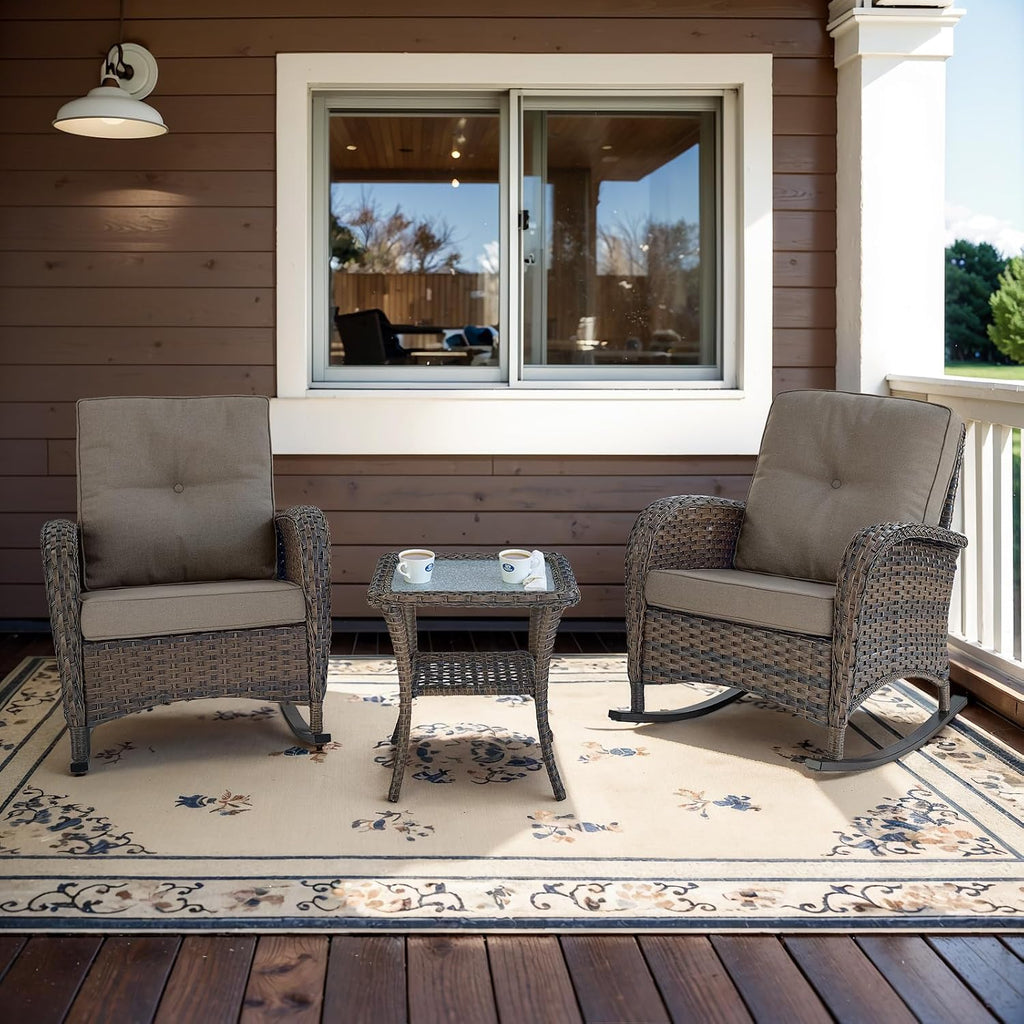 Wicker Porch Rocking Chairs - 3 Pieces Patio Bistro Set High Back Outdoor Rocker Chairs Set with Side Table for Deck
