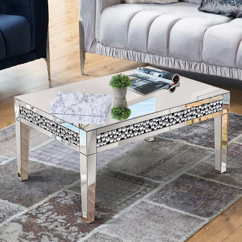 Rectangle Mirrored Coffee Table, Silver Living Room Table with Cryatal Diamond Inlay, Modern Luxury Mirrored