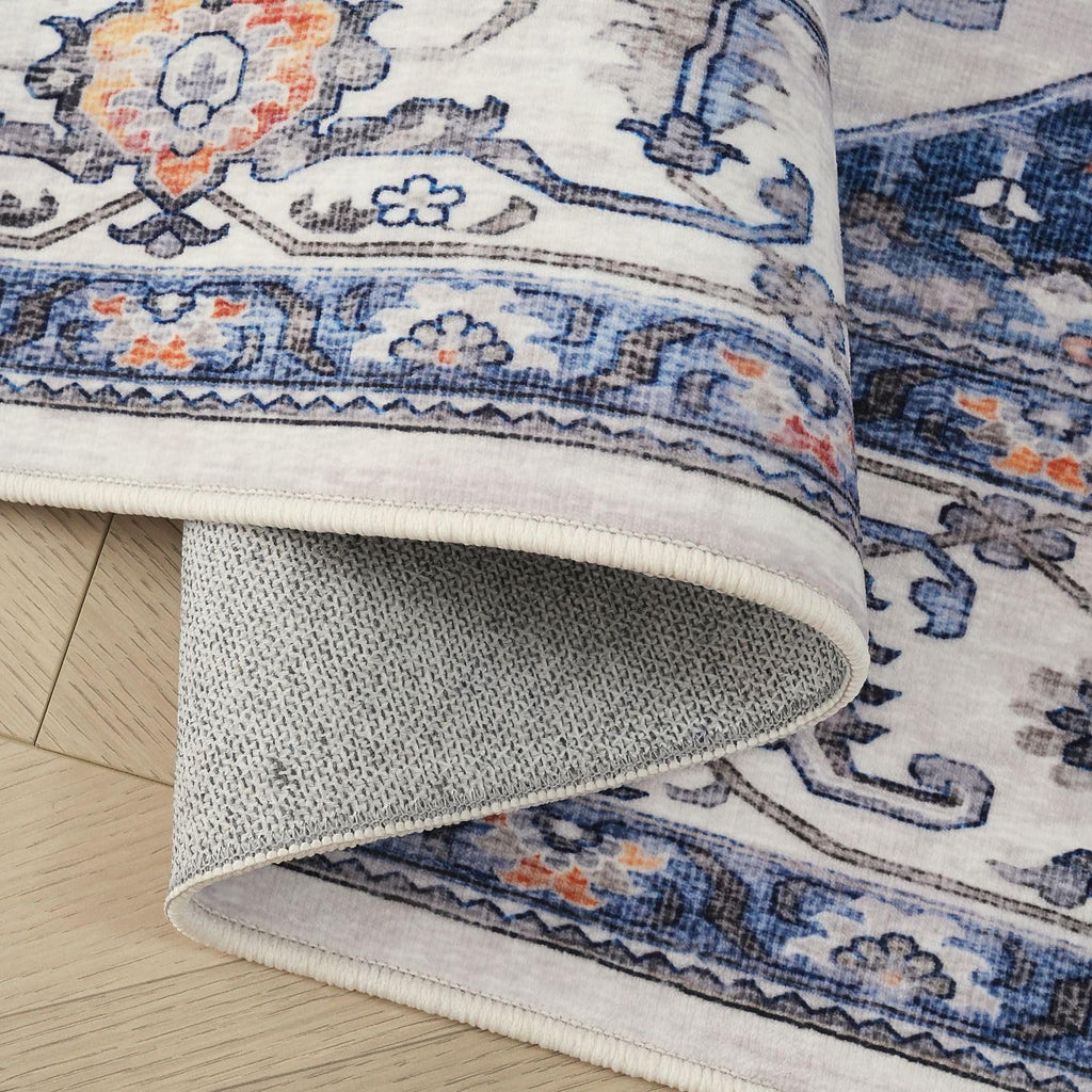 Runner Rug Washable Vintage Medallion Non Slip, Blue