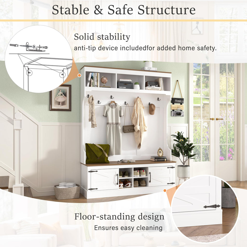 71''H Farmhouse Hall Tree with Bench and Shoe Storage, White