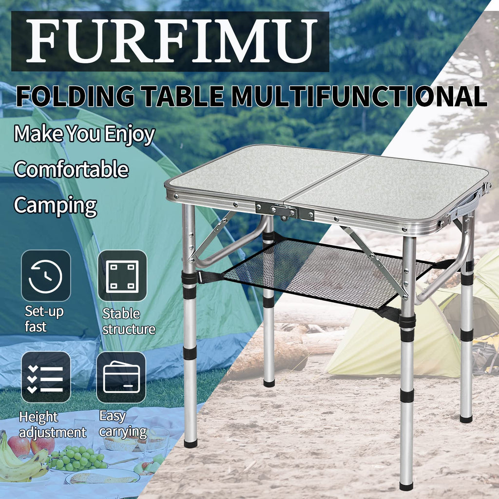Small Folding Table with Storage Net, 24" x 16" Portable Foldable Camping Table with 3 Adjustable Height, White Metal