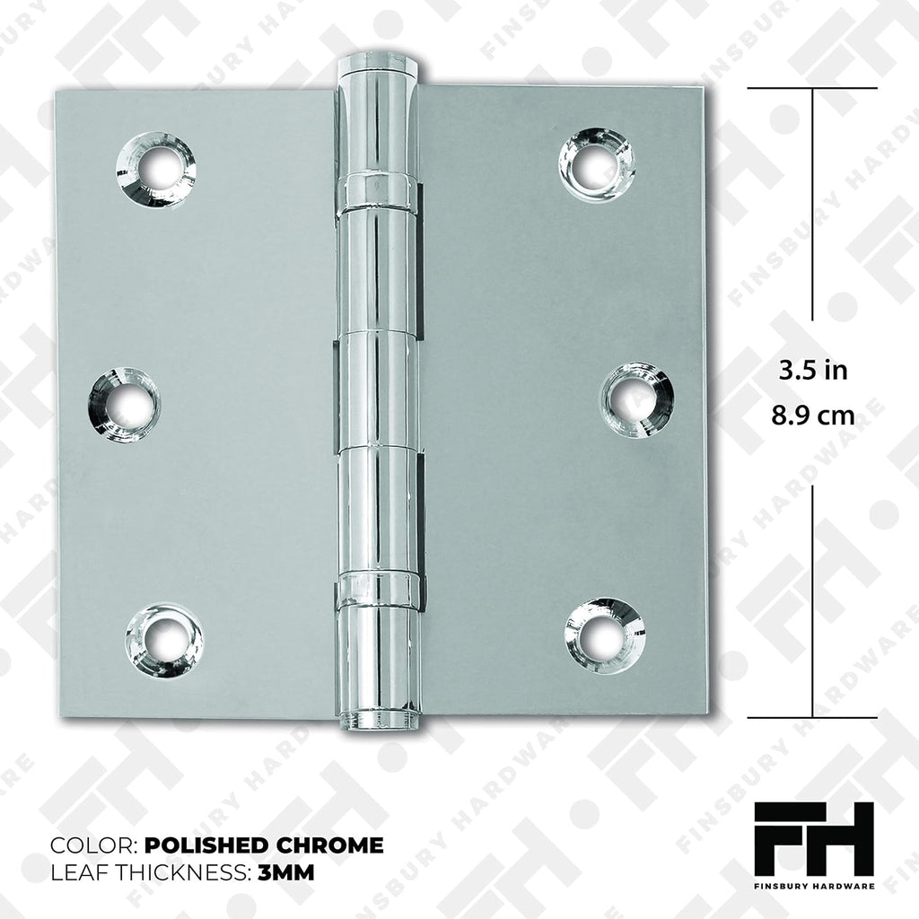 Solid Brass Chrome Door Hinge Heavy Duty Ball Bearing Shiny Silver 3.5 x 3.5 Inch - Set of 2 Hinges (Polished Chrome)