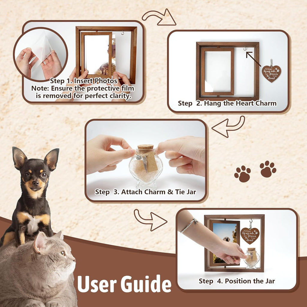 Dog Memorial Gifts for Loss of Pet - Rotating Wooden Frame for 4x6 Photo & Fur Hair Jar - Sympathy Gift for Pet