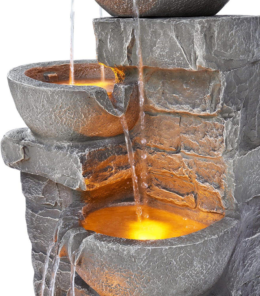 33.25 in. Cascading Bowls and Stacked Stones LED Outdoor Water Fountain for Gardens, Landscaping, Patios, Balconies