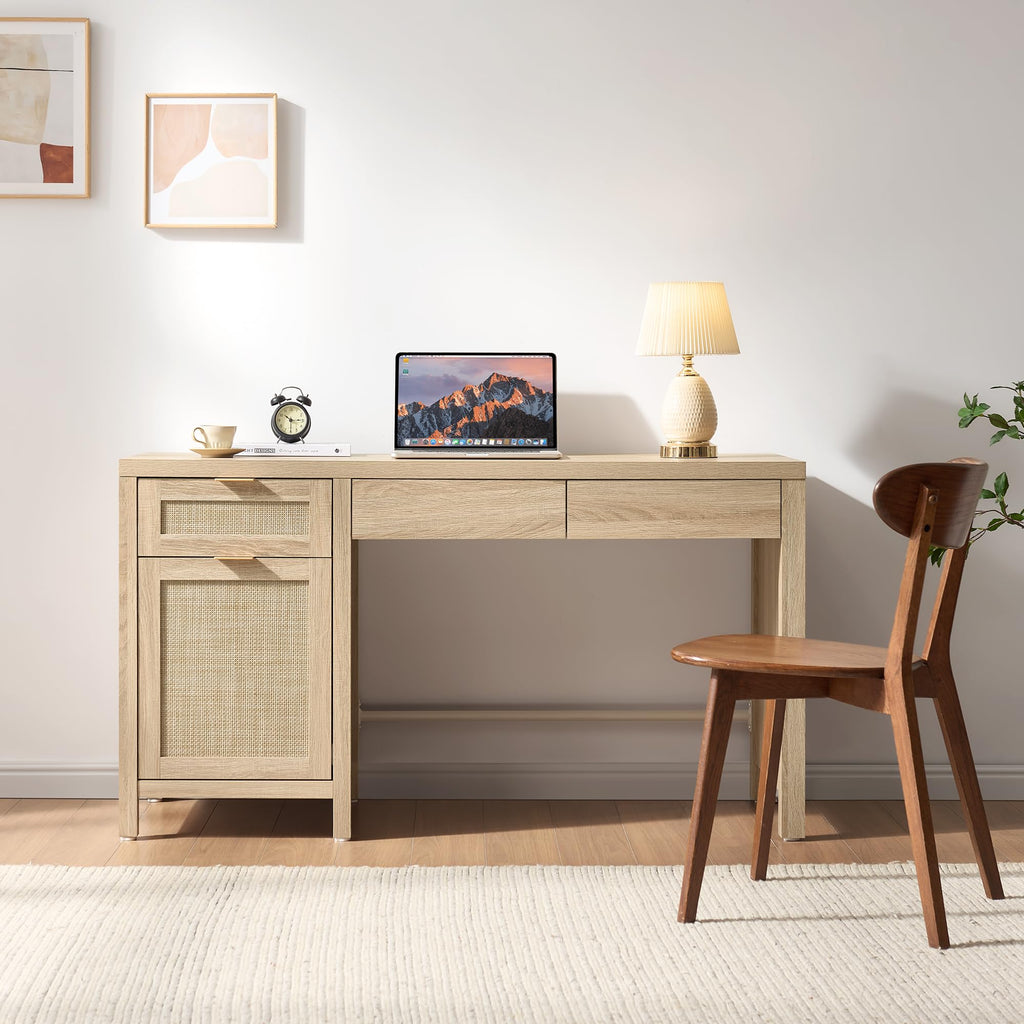 Office Computer Desk with 6 Drawers - Rattan Writing Desk with Storage Boho Wood Home Office Desks, Modern Executive