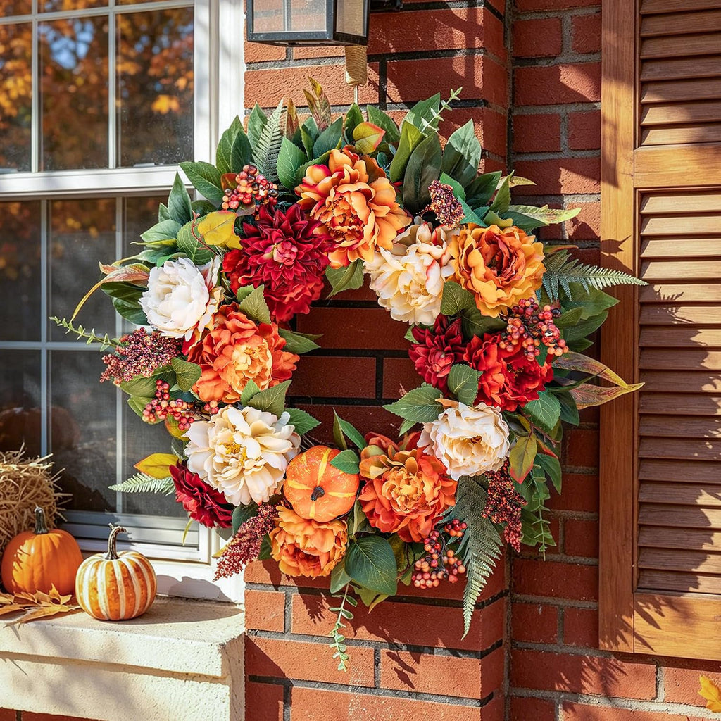 24 InchFall Wreaths for Front Door Autumn Wreath with Peony, Pumpkins