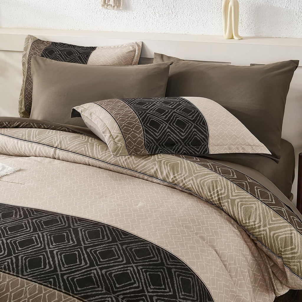 Dinjoy Boho Queen Comforter Set Light Brown,7 Piece Bed in a Bag Queen Warm Striped Bedding Sets with Plaid Fall