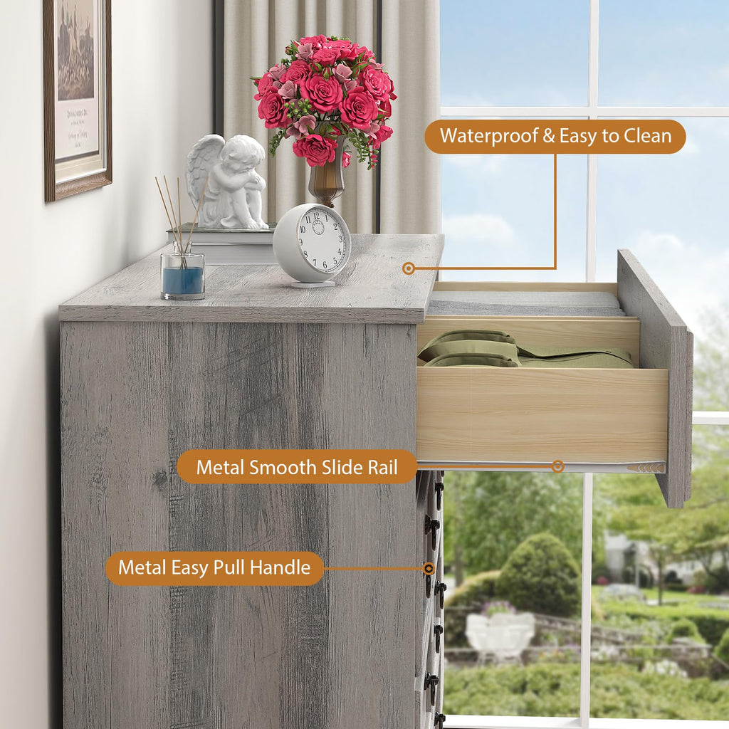Grey 8 Drawer Dresser, Wood Chest of Drawers, Large Storage for Clothes, Vintage Design, 47.24W*15.75D* 39.4''H