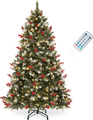 7.5ft Prelit Decorated Pine Christmas Tree w/Red Berries & Remote | Artificial Hinged Xmas Tree w/ 1398 Frosted Tips