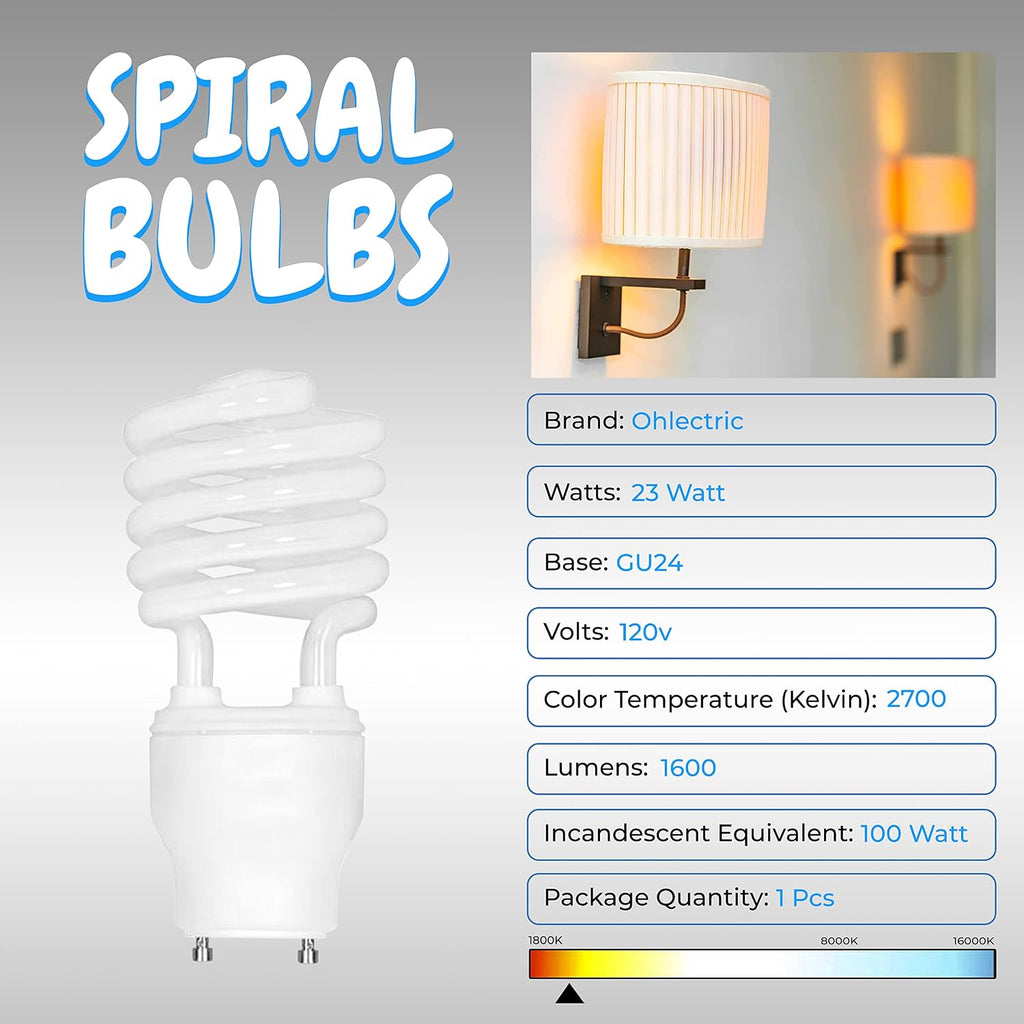 CRI 82 Mini Spiral Compact Fluorescent Light Bulbs with GU24 Base - 120V Two Pin Fluorescent Bulbs with 23 W - 2700