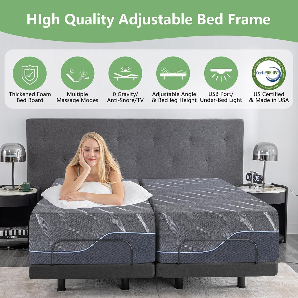 Split King Adjustable Bed Frame with Massage + 14 Inch Gray Gel Medium Firm Memory Foam Mattress in a Box, Bed Base - Set of 4