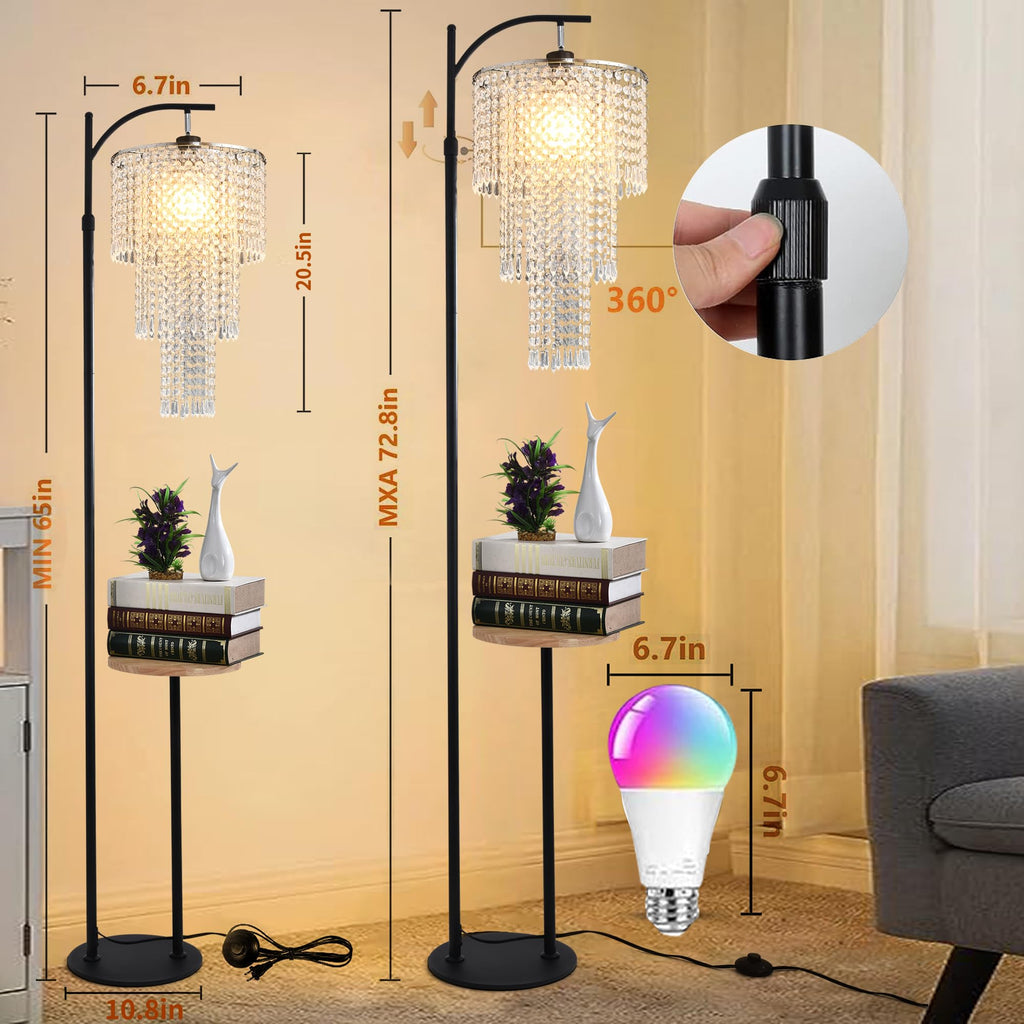 Arc Floor Lamp with Table and Shelves, Crystal Floor Lamps, Dimmable Elegant Modern LED Floor Standing Lamp with