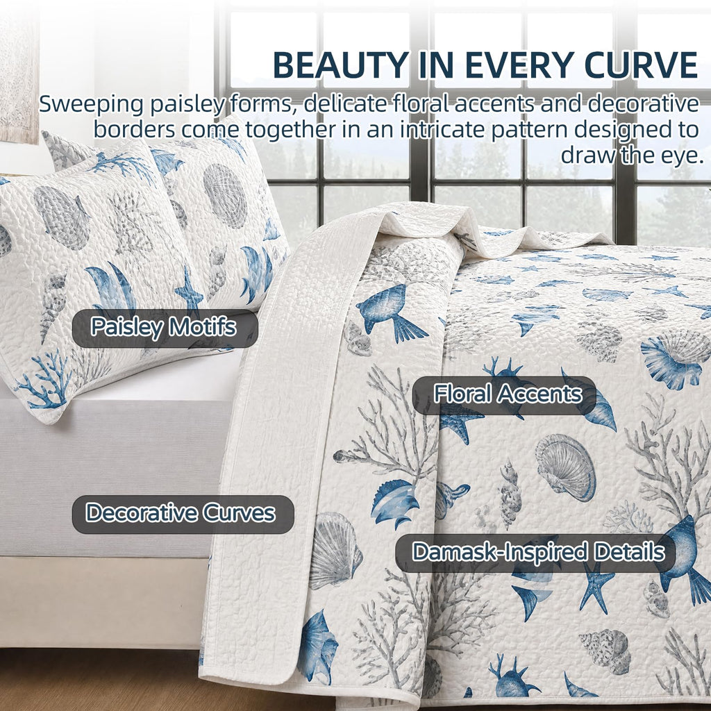 Coastal Blue Quilt Set, Coral Fish Starfish and Seashell Bedspread with 1 Pillow Sham, 68 x 88 Inches