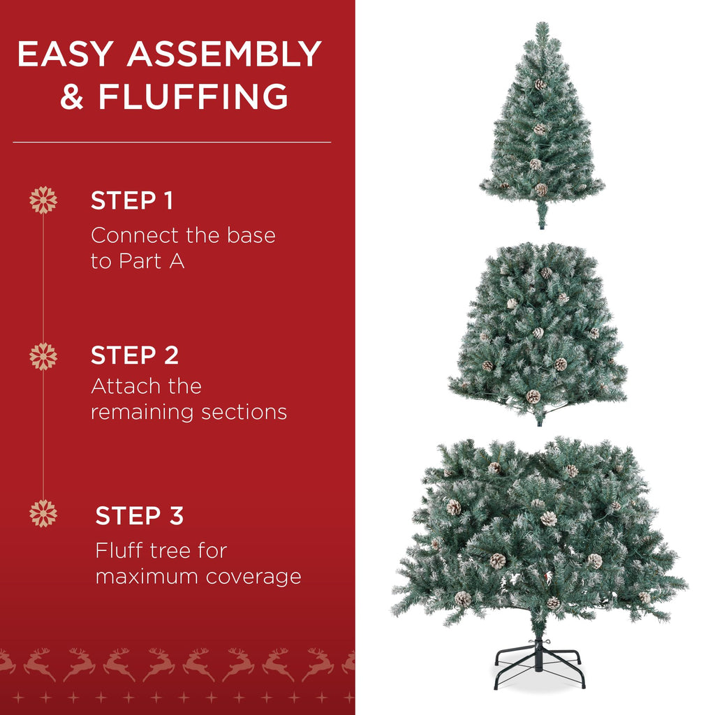 6ft Pre-Decorated Holiday Christmas Tree, Party w/1, 000 Tips, Partially Flocked, Pinecones, Base - Blue Spruce