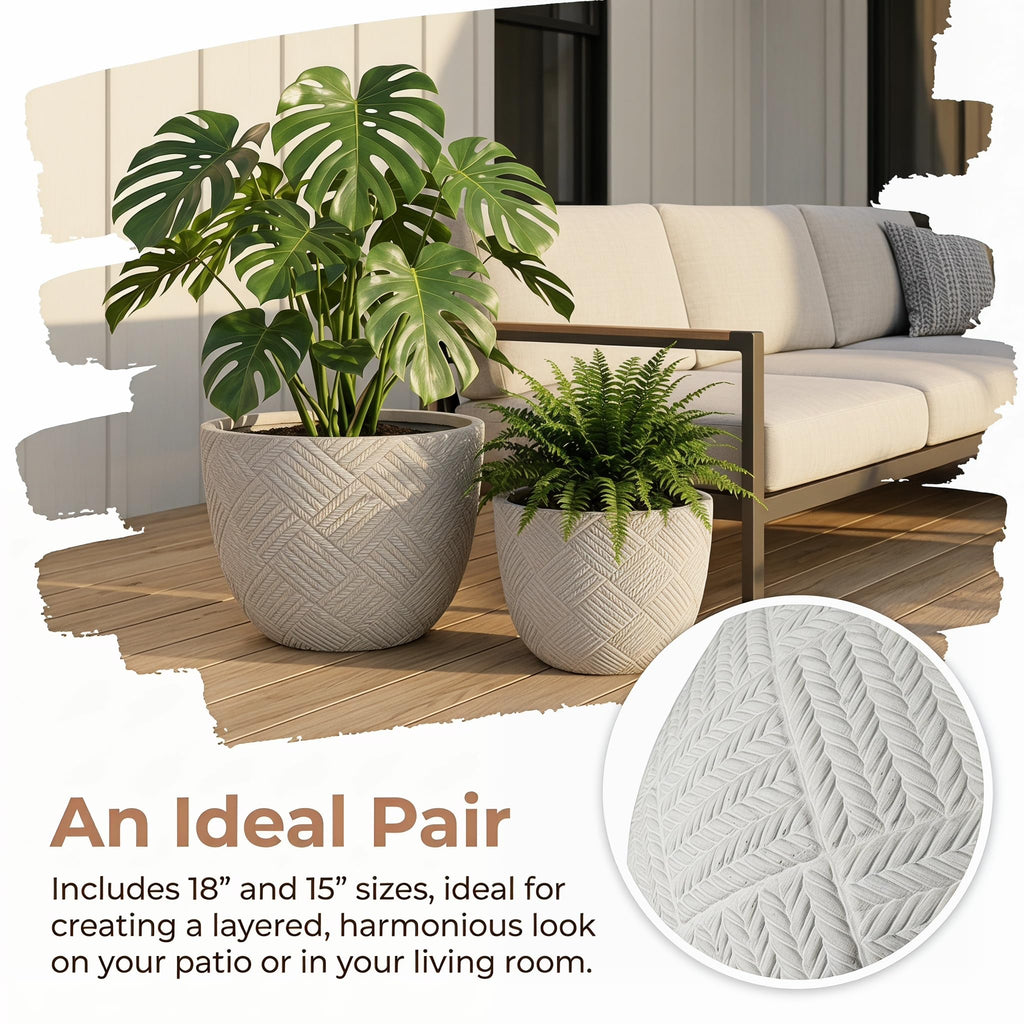 Set of 2 Large Oxide Magnesium Concrete Planters (15" & 18")Garden Decor