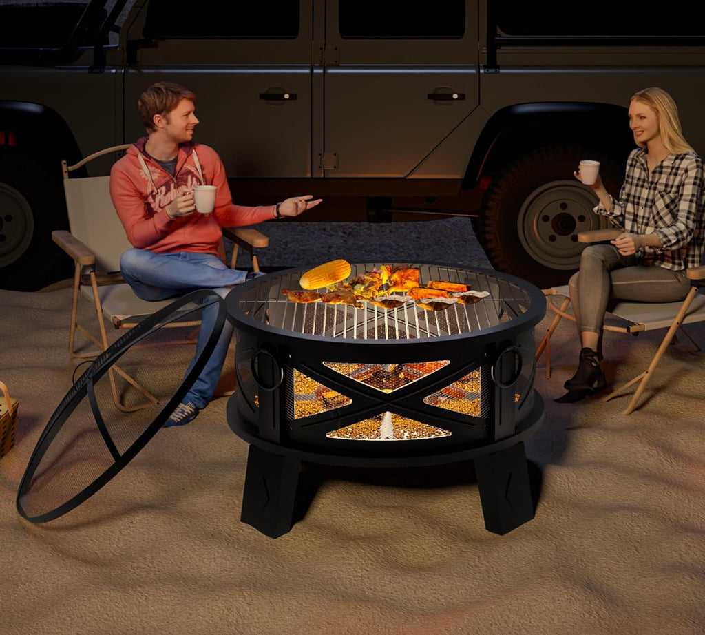 26"Steel Fire Pit with Grill Grate&Spark Screen,360° Airflow Boost Technology,Less Smoke,Larger Flames,Heavy-Duty