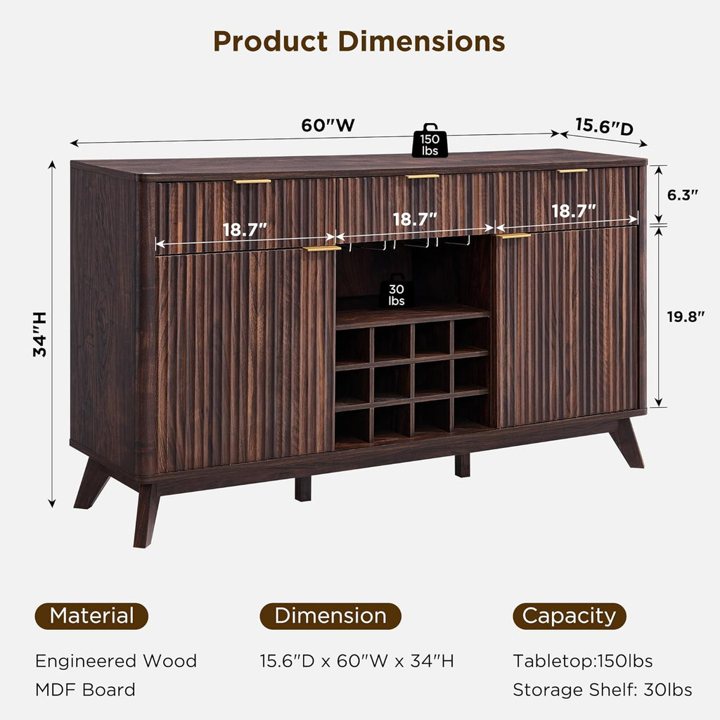 60" Fluted Wine Bar Cabinet, Mid-Century Modern Sideboard, Dark Walnut | 3 Spacious Drawers, 3 Stemware Racks, 12