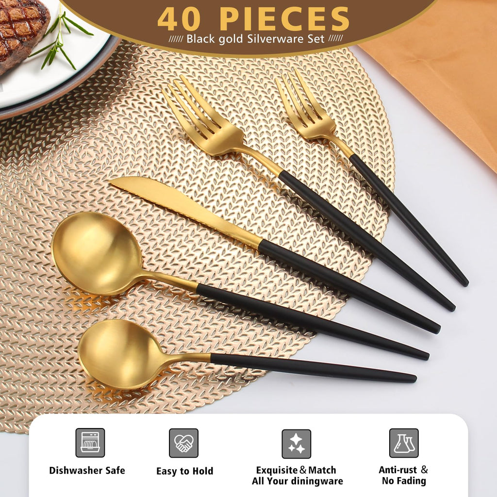 Matte Black Gold Silverware Set, 40-Piece Stainless Steel Flatware Cutlery Set Service for 8, Satin Finish Kitchen