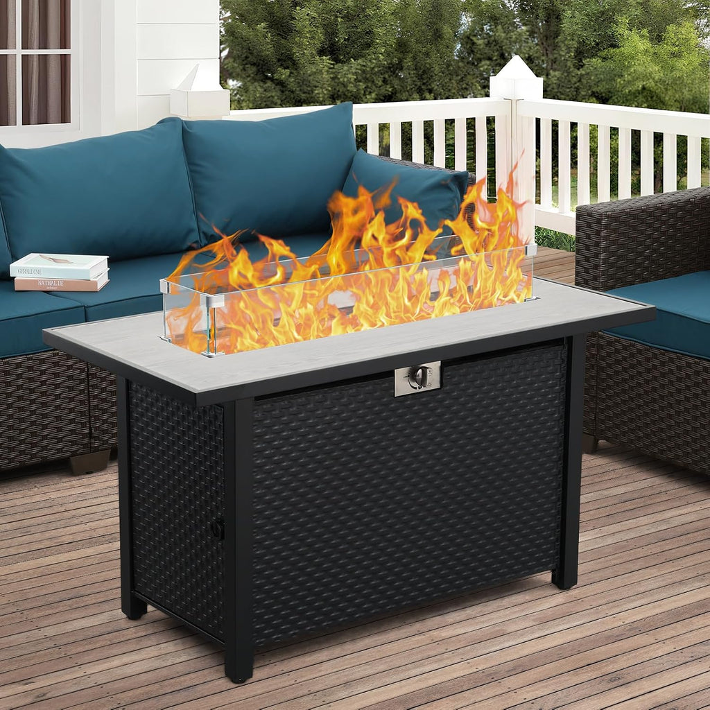 45 Inch Fire Table for Outside 60000 BTU Steel Gas Pit Outdoor with Woodgrain Marble Tabletop Glass Wind Guard Cover