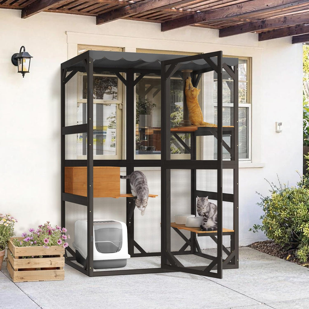 Large Catio Outdoor Cat Enclosure with Weatherproof Roof, 69.3" Walk-in Cat House for Multiple Cats, 3-Tier Wooden