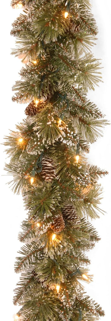 Tree Company 9ft Pre-Lit Glittery Bristle Pine Christmas Garland | 50 Clear Lights, 204 Tips, Artificial Christmas