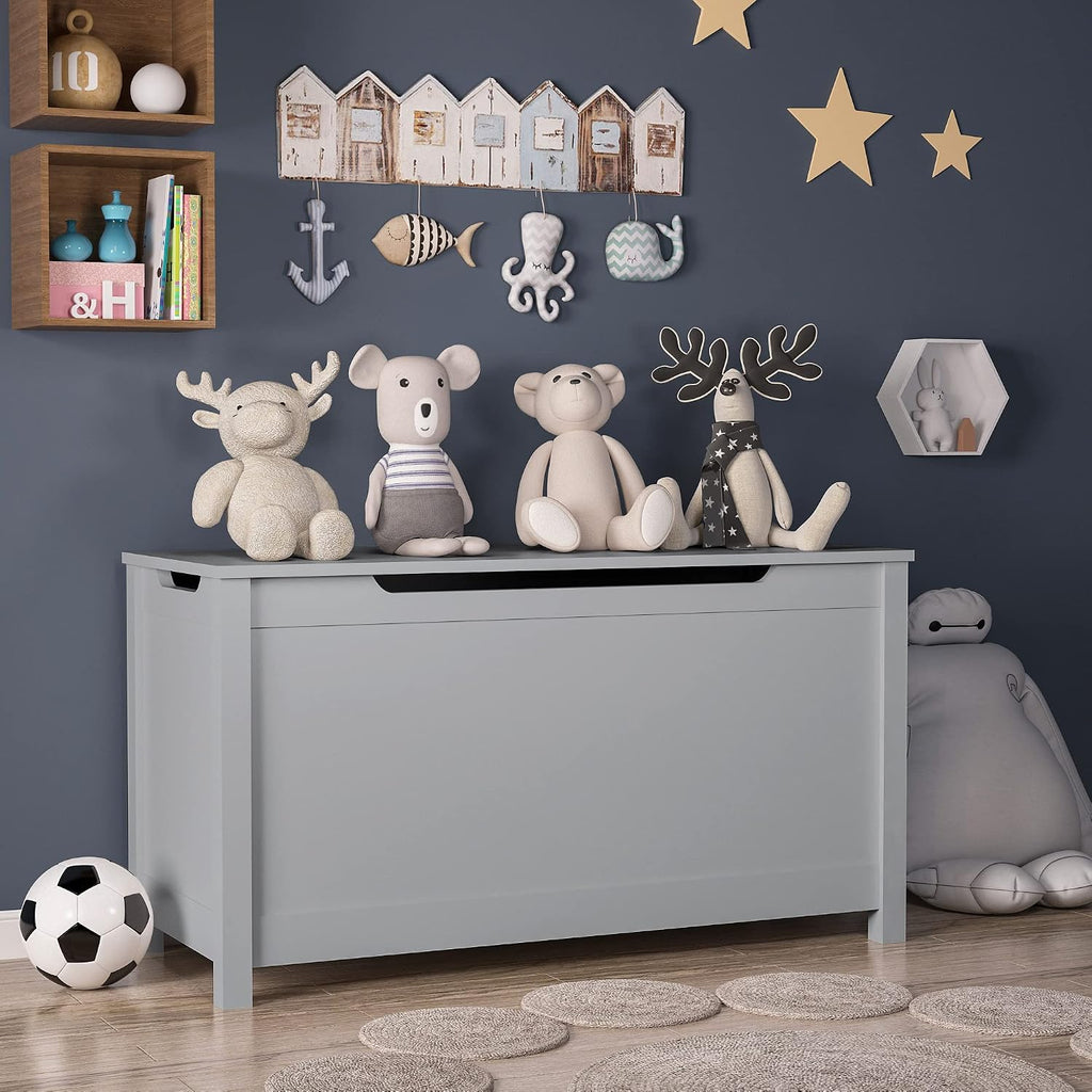 Kids Toy Box Chest, Large Wooden Storage Trunk Bench with Safety Hinged Lid for Ages 3+, Grey