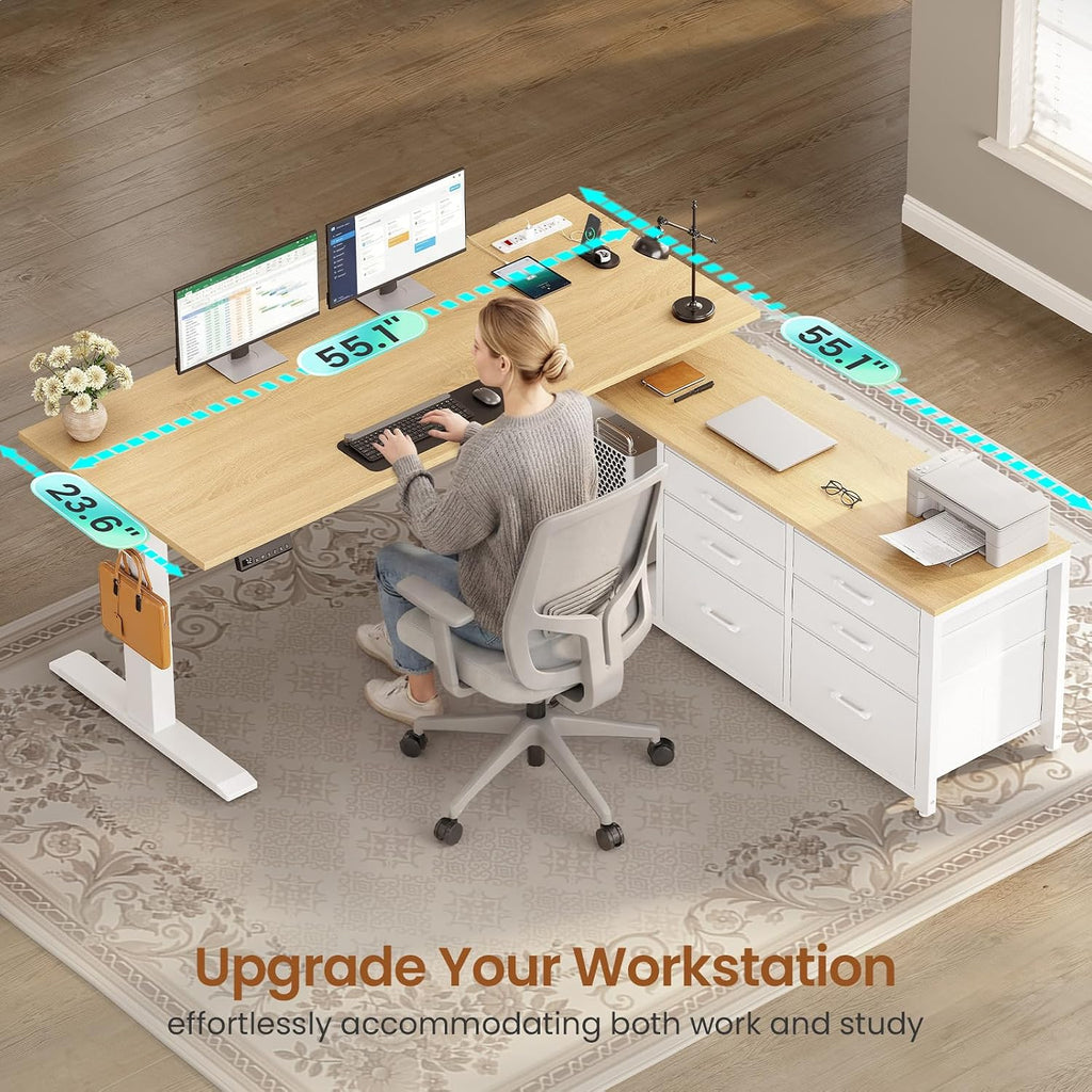 L Shaped Electric Standing Desk, 55" x 55" Height Adjustable Office Executive Desk with 6 Fabric Drawers and Storage