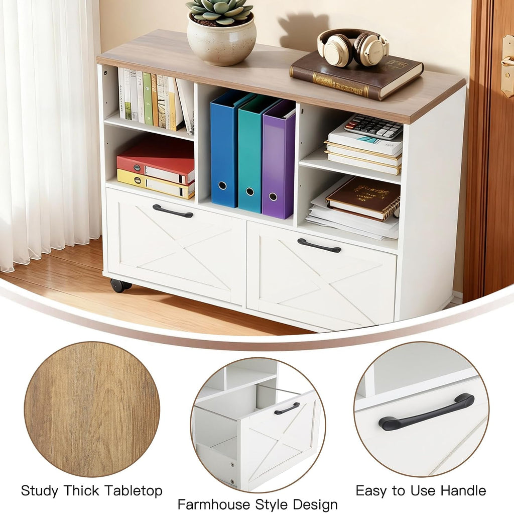 39.3" Lateral File Cabinet with Wheels, Farmhouse Wood File Cabinet with Drawers, Small Home Office File Cabinet with