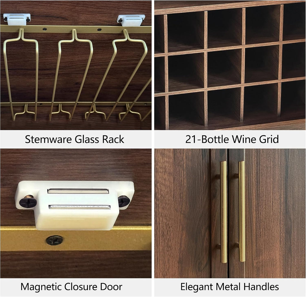 31.5" Wine Bar Cabinet, Mid Century Modern Sideboard, Walnut | Liquor Cabinet with 3 Stemware Racks, 21 Wine Racks