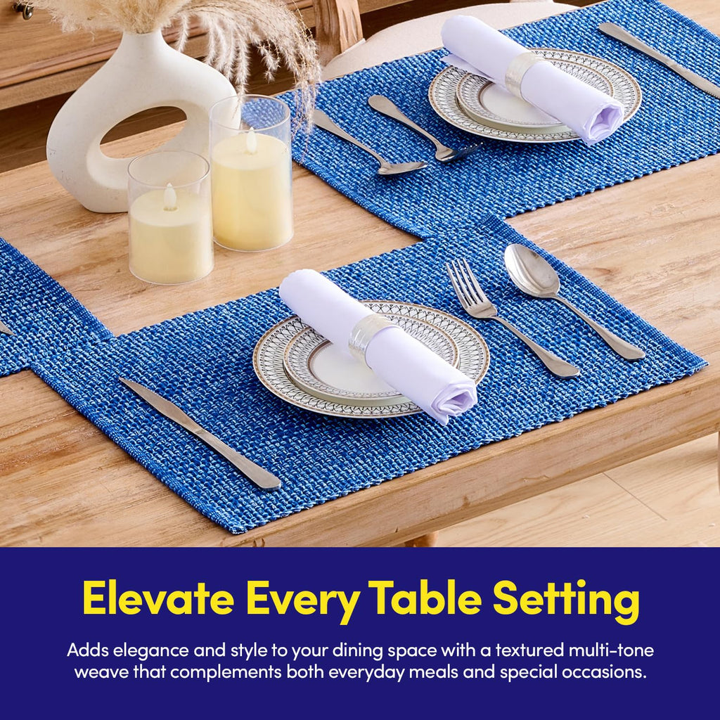 100% Cotton Placemats Rectangle Two Tone Woven Fabric 13" x 19" Soft Durable Table Mat Set, Set of 6, Dark Blue