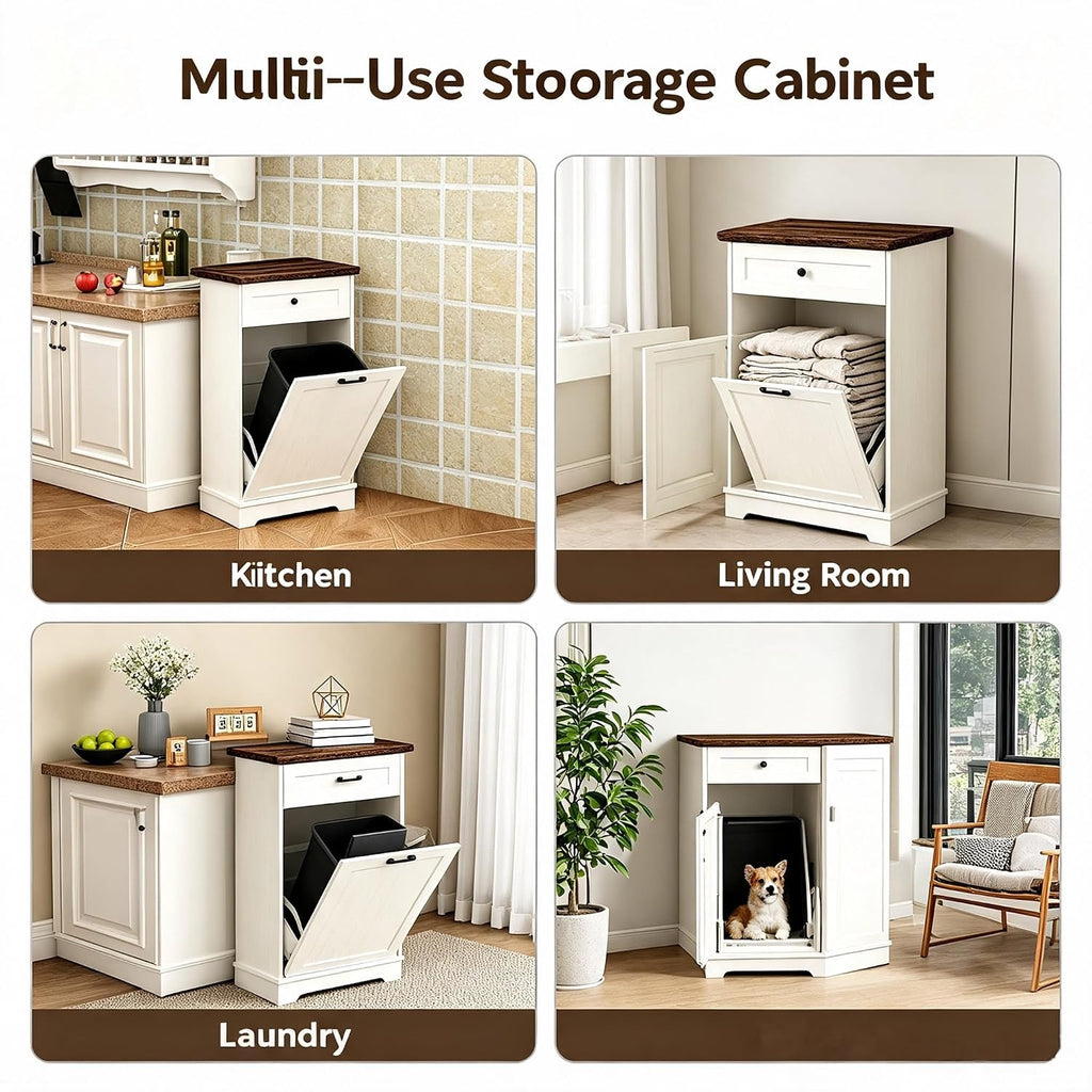 13 Gallon Tilt Out Trash Cabinet Freestanding Wood Garbage Recycling Station with Storage Drawer, Pet Proof Trash Can