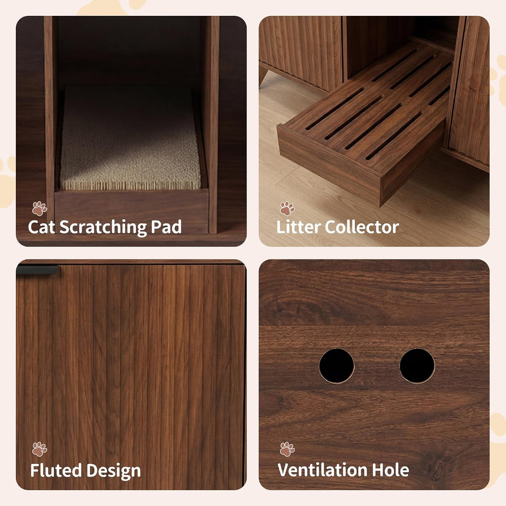 Double Cat Litter Box Enclosure for 2 Cats, Fluted Hidden Litter Box Furniture with Litter Collector & Scratch Pad, 47"