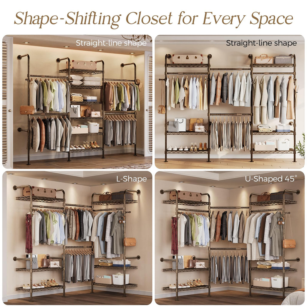 Wall Mounted Closet System, 3-Row Heavy Duty Garment Rack, Black and Gold