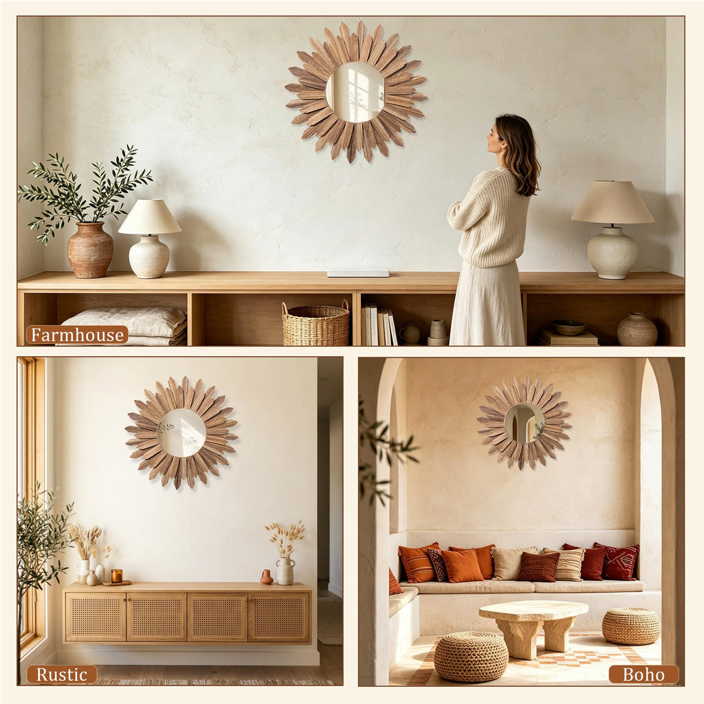Boho Wall Decor 18 inch Rustic Wood Sunburst Boho Wall Mirror Farmhouse Wall Decor Bedroom Bathroom Hallway House
