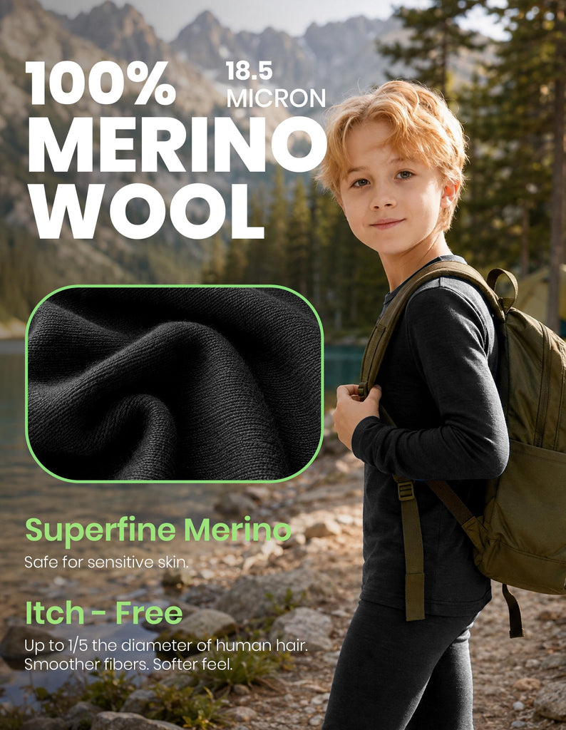 Unisex Kids 100% Merino Wool Base Layer Thermal Set Lite Black 7-8