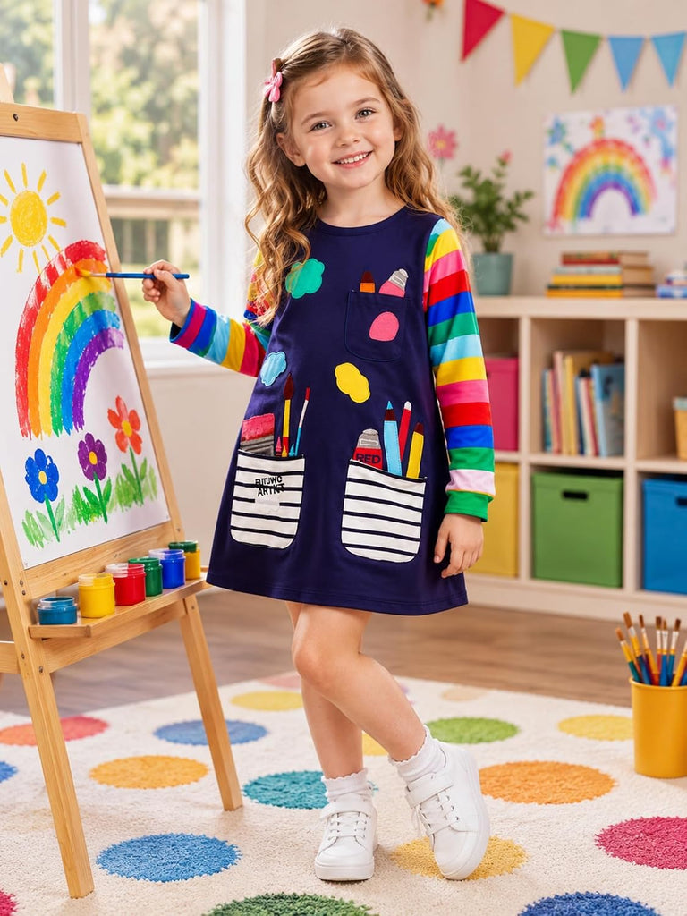 Toddler Girl Long Sleeve Dress Cotton Casual Basic Tunic Dresses Cartoon Applique Dress Kids Fall Winter Clothes