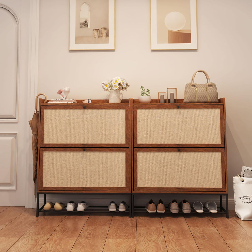 Narrow Shoe Storage Cabinet with 2 Flip Drawers, Walnut