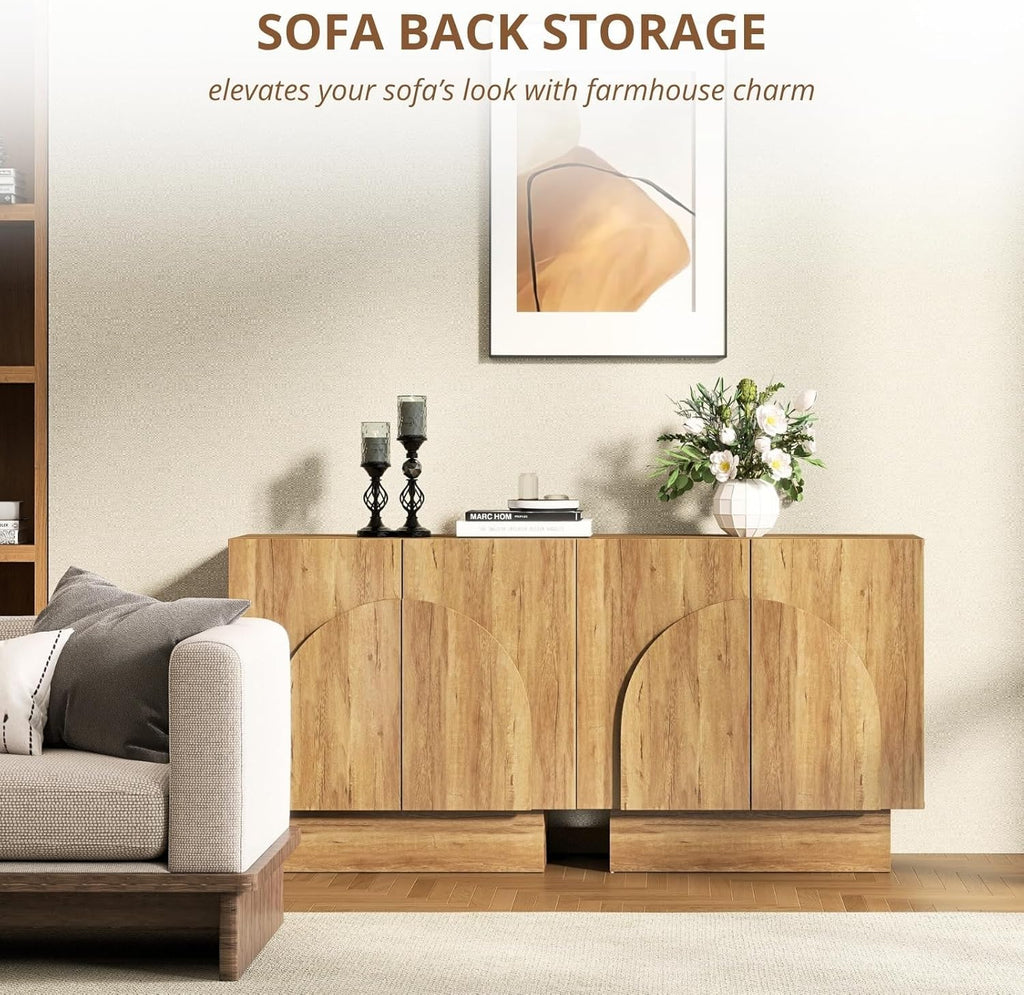 Natural Sideboard Buffet Cabinets with Storage, Modern Coffee Bar Cabinets Credenza with Arched Doors, Farmhouse
