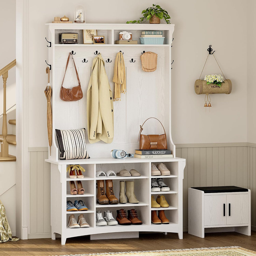 80" H 47" W Large Hall Tree with Bench and Shoe Storage, 6-in-1 Entryway Bench with Coat Rack, Adjustable Shelf