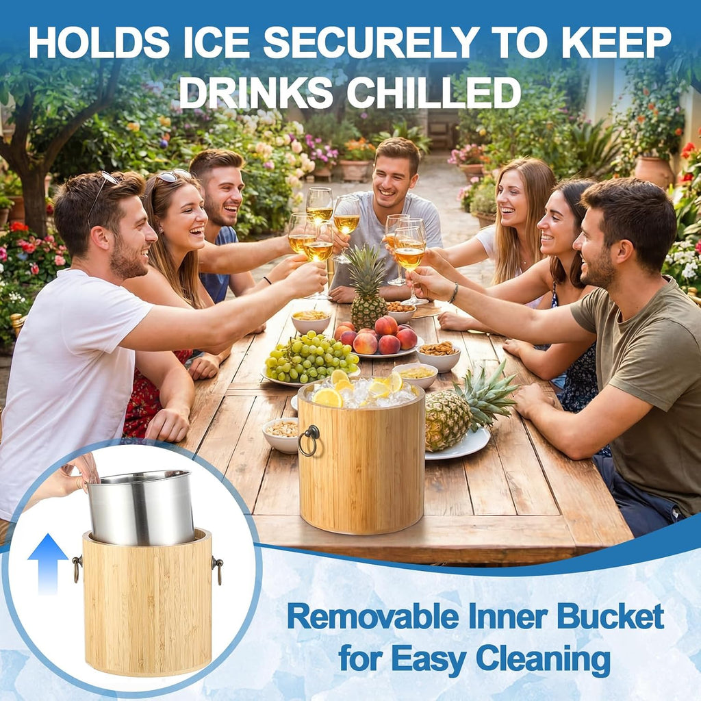 3L Bamboo Ice Bucket with Stainless Steel Interior, Insulated Ice Bucket with Lid & Handles, Includes Scoop & Tongs