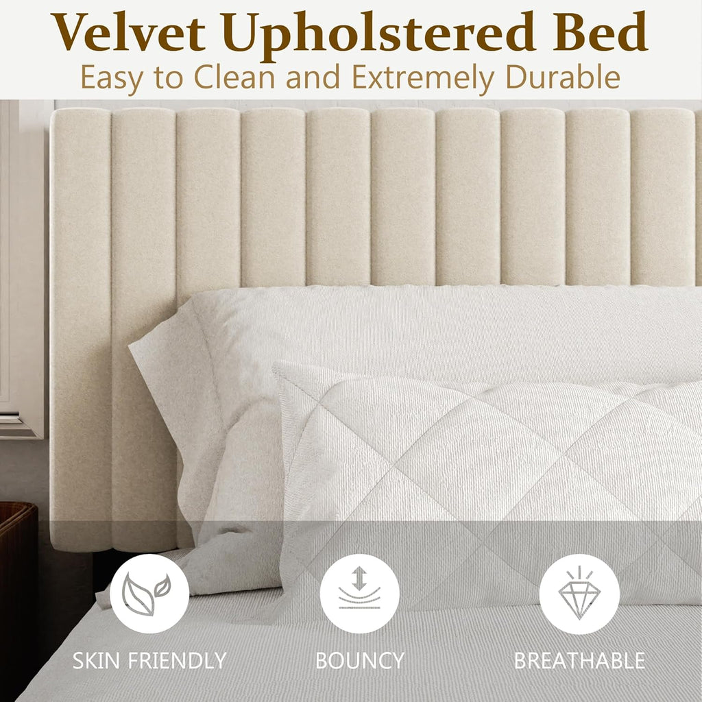 King Bed Frame with Velvet Upholstered Headboard, Platform Bed with Strong Wood Slats, Mattress Foundation