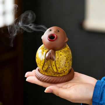 Ceramic Buddha Incense Cone Holder, Monk Burner for Unique Zen Home Decor
