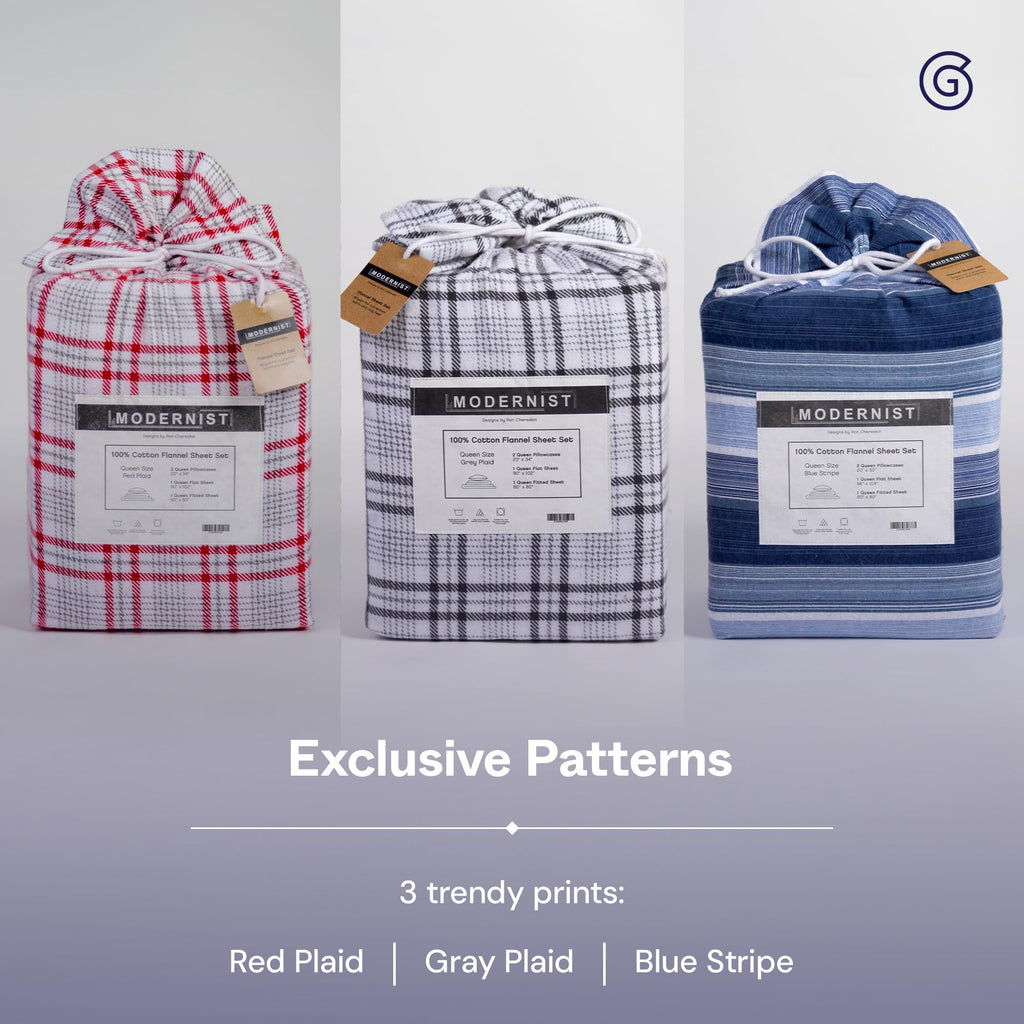 Modernist Flannel Bed Sheet Set, Queen (Grey Plaid) - 100% Cotton Plaid Bedsheets - Includes Deep Pocket Fitted