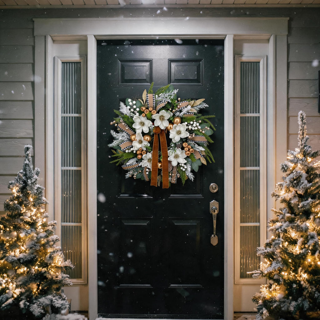 24 inch Farmhouse Christmas Front Door Wreath, Winter Magnolia & Pine