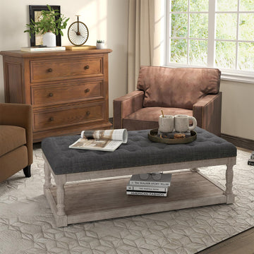 Ottoman Coffee Table, Large Rectangle Ottoman with Storage - Upholstered Cushioned Bench, Tufted Linen Fabric with