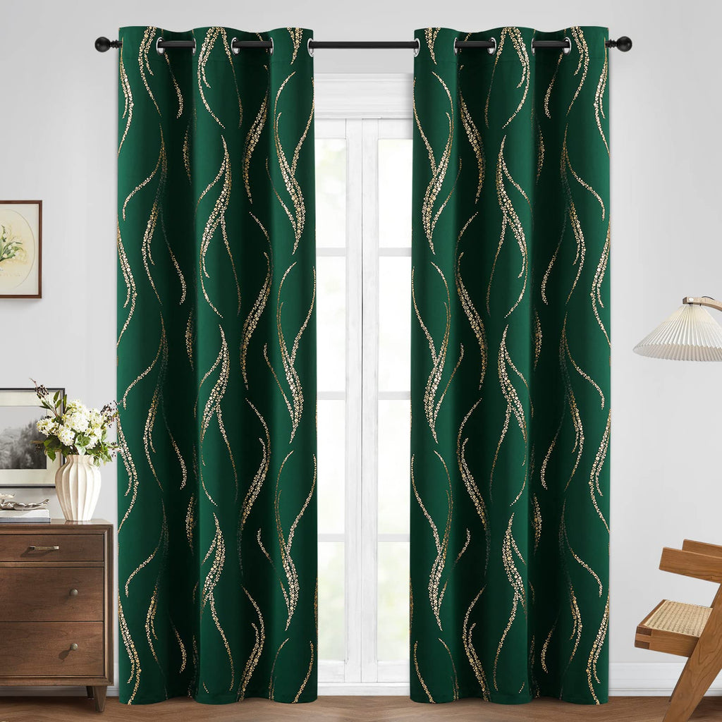 Emerald Green Blackout Curtains Foil Print W42 x L84