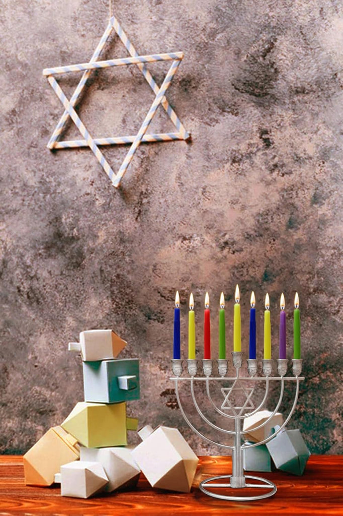 Hanukkah with Jewish Star - Fits All Standard Chanukah Candles - Sleek Wireframe Silver Chanukah Modern Davids Star