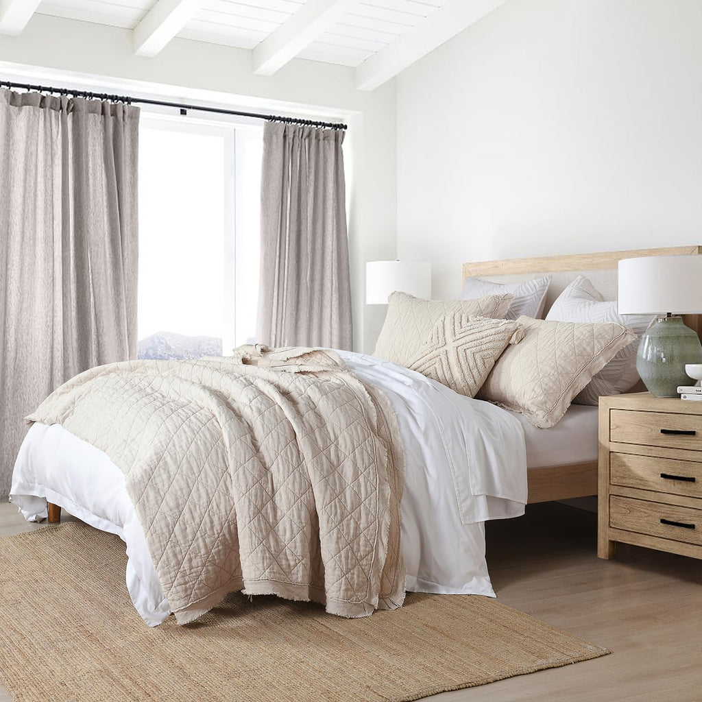100% Linen Front/100% Cotton Back Quilt Set, Pre-Washed Flaxen Bedspread Coverlet Set, Diamond Stitch