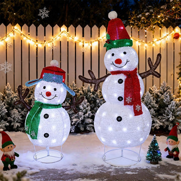 Set of 2 Lighted Christmas Snowman Decorations, 3.6+2.6FT Outdoor Pre-Lit White Snowmen with Lights, Light Up
