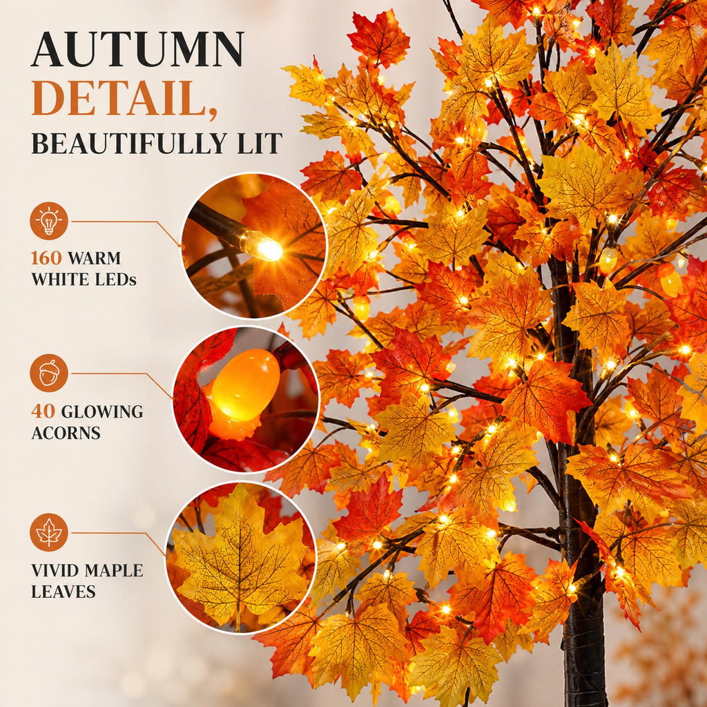 8 FT Fall Lighted Maple Trees, Artificial Fall Tree for Thanksgiving Decor
